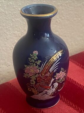 Vintage Japan TOYO Floral Bird Motif Cobalt Blue Mini Vase